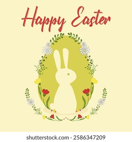 Easter card on a light background with a rabbit in an egg and flowers. Vector.