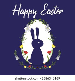 Easter card on a purple background with a rabbit in an egg and flowers. Vector.