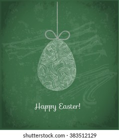 Easter card with one big ornated hanging egg on blackboard. Vector illustration