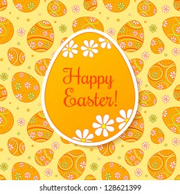 Easter card with orange paper egg on ornate background. Second layer - seamless pattern.