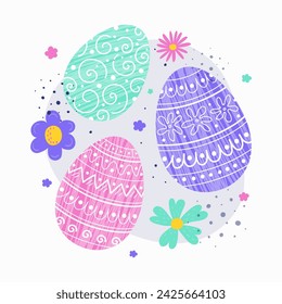 Easter card with ornaments. Colourful background with hand painted eggs and flowers. Vector illustration