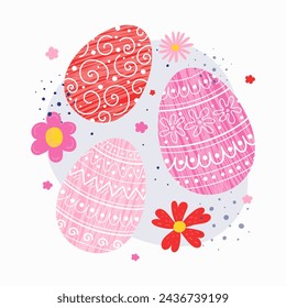 Easter card with ornaments. Colourful background with hand painted eggs and flowers. Vector illustration