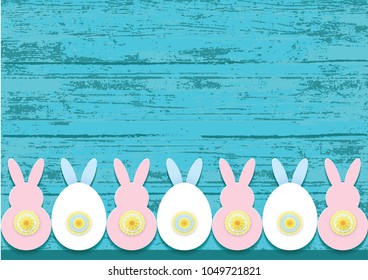 Easter card with oval frame, spring white flowers and flat easter bunnys and eggs on turquoise blue wood background. Takes place under your text. Vector illustration. 