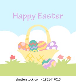 Easter card with painted eggs in a basket