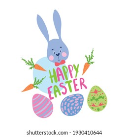 Easter card, painted eggs, carrot and Easter bunny. Text "Happy Easter" Colorful illustration doodle vector, cartoon. Christian holiday. Isolated on white background.
