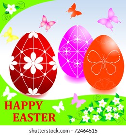Easter card with painted eggs; floral ornaments and butterflies. vector.
