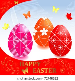 Easter card with painted eggs, floral ornaments and butterflies. vector.