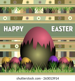 Easter card with painted eggs, grass and decorative elements