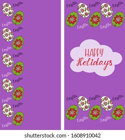 Easter card with painted eggs and lettering of "happy vacation". Stock illustration