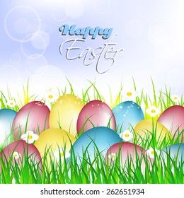 Easter card, painted eggs on a grass with flowers/vector illustration