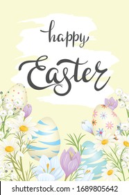 Tarjeta de Pascua con huevos pintados y flores de primavera