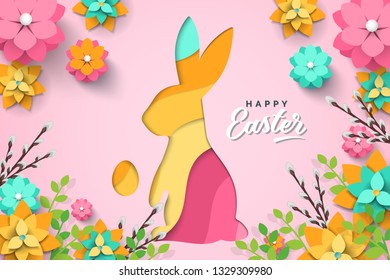 Easter card with paper cut bunny shape, egg shape, spring flowers on pink background. Vector illustration