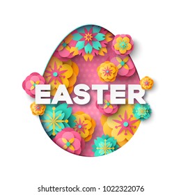 Easter card with paper cut egg shape frame with spring flowers inside, isolated on white background. Vector illustration. Place for your text.