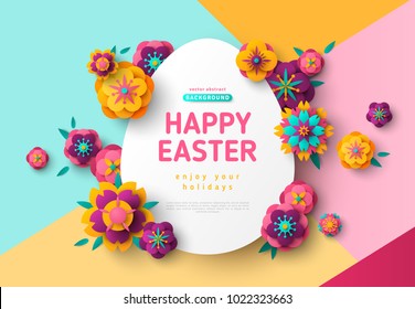 Easter card with paper cut egg shape frame, spring flowers on colorful modern geometric background. Vector illustration. Place for your text.