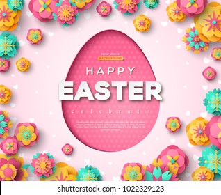Easter card with paper cut egg shape frame, spring flowers on pink background. Vector illustration. Place for your text.

