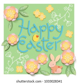 Easter card with paper cut egg shape frame with spring flowers on green background. Vector illustration Easter bunny.