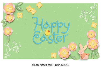 Easter card with paper cut egg shape frame with spring flowers on green background. Vector illustration Easter bunny.