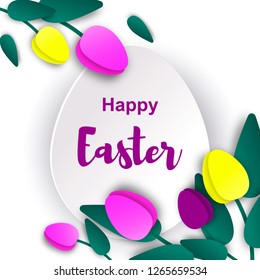 Easter card with paper cut egg and flowers. Vector illustration. Easter design for banner, greeting card, flyer, newsletter. Place for text.