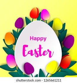 Easter card with paper cut egg and flowers. Vector illustration. Easter design for banner, greeting card, flyer, newsletter. Place for text.