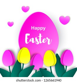 Easter card with paper cut egg and flowers. Vector illustration. Easter design for banner, greeting card, flyer, newsletter. Place for text.