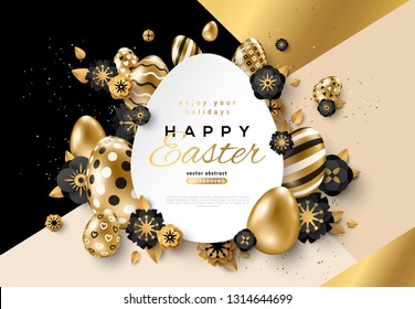 Easter card with paper cut egg shape frame, spring flowers and leaves on colorful modern geometric background. Vector illustration. Place for your text
