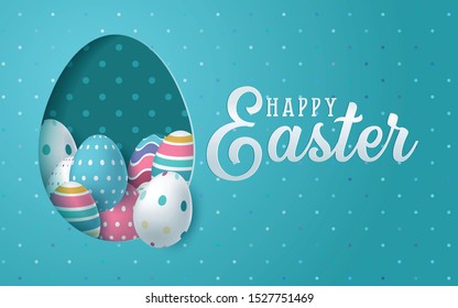 Easter card with paper cut egg shape frame with spring flowers. Vector illustration