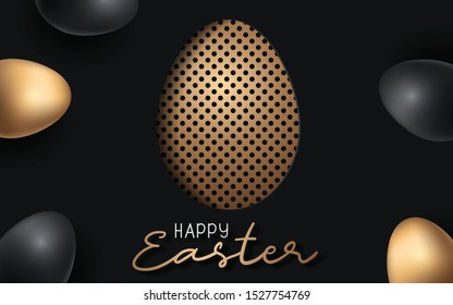 Easter card with paper cut egg shape frame with spring flowers. Vector illustration