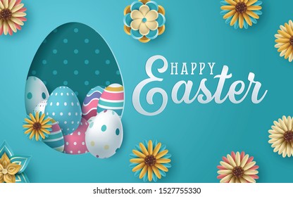 Easter card with paper cut egg shape frame with spring flowers. Vector illustration