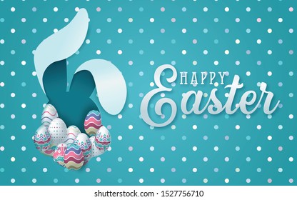 Easter card with paper cut egg shape frame with spring flowers. Vector illustration