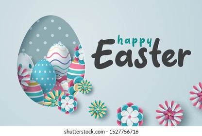 Easter card with paper cut egg shape frame with spring flowers. Vector illustration