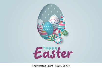Easter card with paper cut egg shape frame with spring flowers. Vector illustration