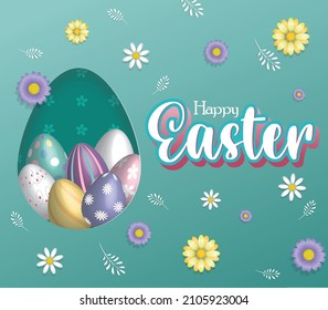 Easter card with paper cut egg frame with spring flowers. Vector illustration.