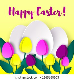 Easter card with paper cut eggs and flowers. Vector illustration. Easter design for banner, greeting card, flyer, newsletter. Place for text.
