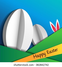 Easter card with paper eggs, rabbit. Material design, origami