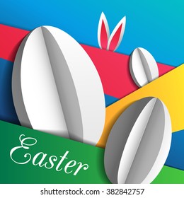 Easter card with paper eggs and rabbit. Material design, origami