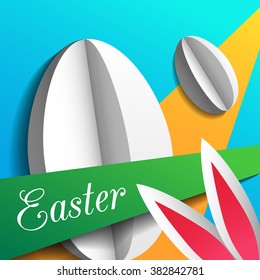 Easter card with paper eggs and rabbit. Material design, origami