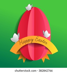 Easter card with paper pink eggs, butterflyes and ribbon. Material design, origami