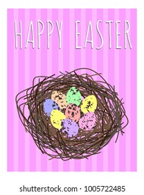 Easter card in pastel shades. Nest with colorful eggs. Vector illustration EPS 8.