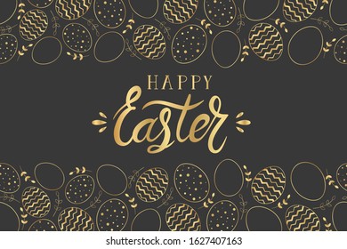 Easter card with a pattern of eggs and lettering of gold color on a black background