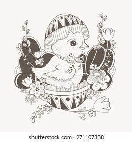 Easter card with picture of a chicken that is sitting in the eggshell.