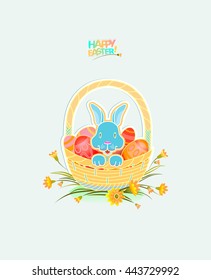 Easter card with a picture of a rabbit and an inscription. Earful animal in a basket with eggs, lying on the grass with flowers. Bright festive illustration on a light background.