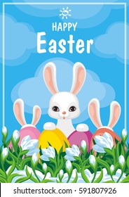 Easter card with a picture of snowdrops and white rabbits. Vector spring background.