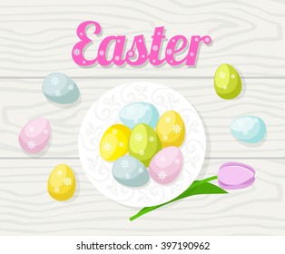 Easter card, plate with multi-colored eggs on a wooden background. Spring flower tulip. Vector illustration