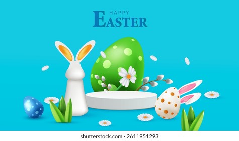 Easter card with podium, eggs, bunny and flower. Holiday 3D mock up composition design. Happy Easter vector.