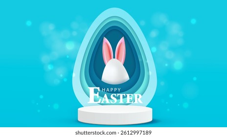 Easter card with podium, paper cut egg and bunny ears. Happy Easter 3d vector.