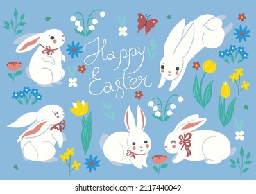 Easter card or poster with cute bunnies and flowers. Vector graphics.