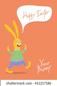 Easter card or poster. Yellow rabbit runs and waves its hands.