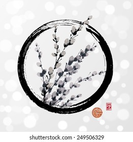 Easter card with pussy willow in black enso circle. Hand drawn in traditional Japanese style sumi-e on white glowing background
