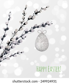 Easter card with pussy willow tree and egg hanging on it. Hand-drawn on white glowing background.