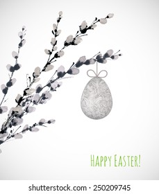 Easter card with pussy willow tree and egg hanging on it. 